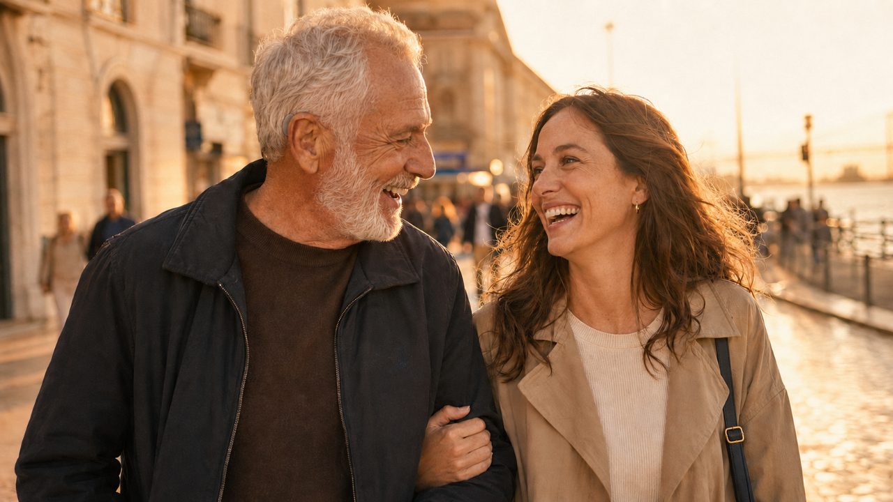 Casal a passear ao pôr-do-sol em Lisboa